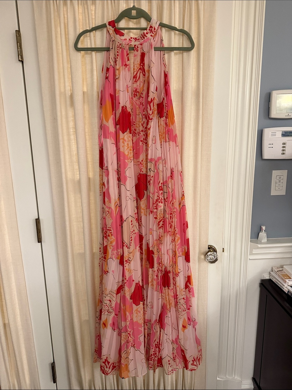 Frances Valentine Pink & Red Floral Pleated Halter Maxi Dress